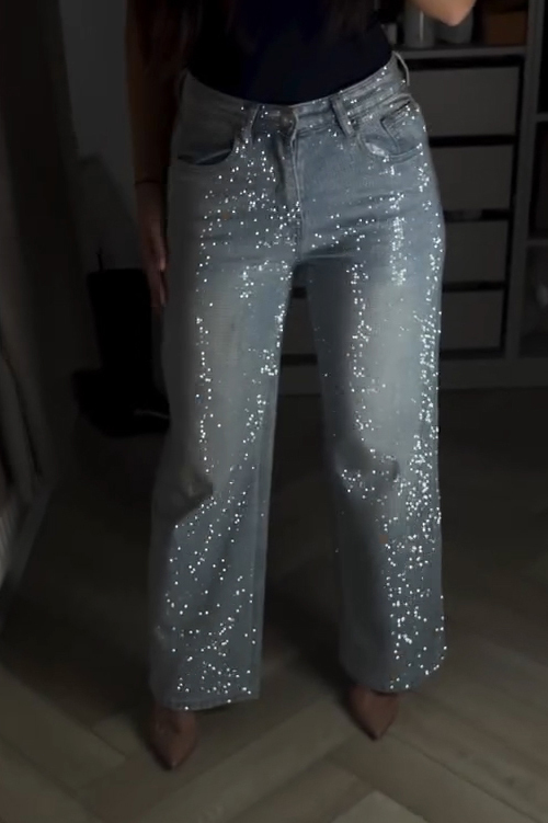 Women's Fashion Sparkling Rhinestone Washed Wide Leg Jeans
