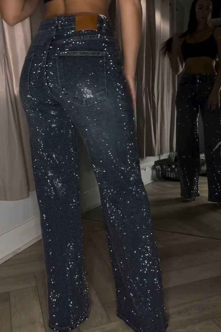 Women's Fashion Sparkling Rhinestone Washed Wide Leg Jeans