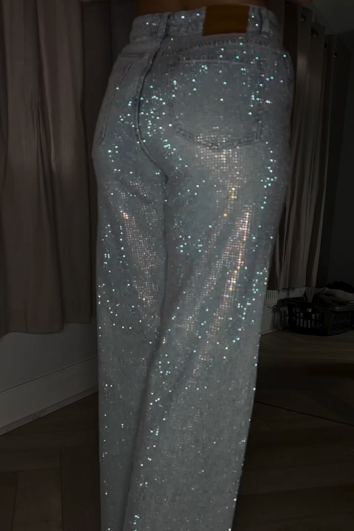 Women's Fashion Sparkling Rhinestone Washed Wide Leg Jeans