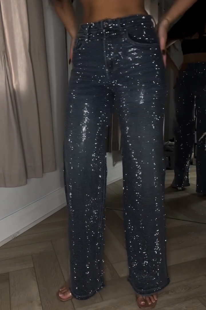 Women's Fashion Sparkling Rhinestone Washed Wide Leg Jeans