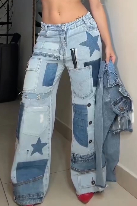 Women's Street Fashion Panel Wide Leg Jeans