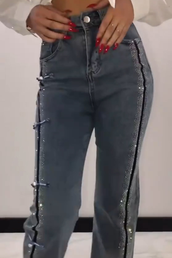 Women's Side Button Placket Rhinestone Jeans