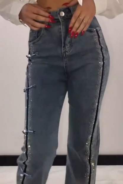 Women's Side Button Placket Rhinestone Jeans