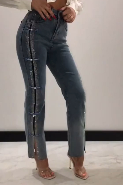 Women's Side Button Placket Rhinestone Jeans