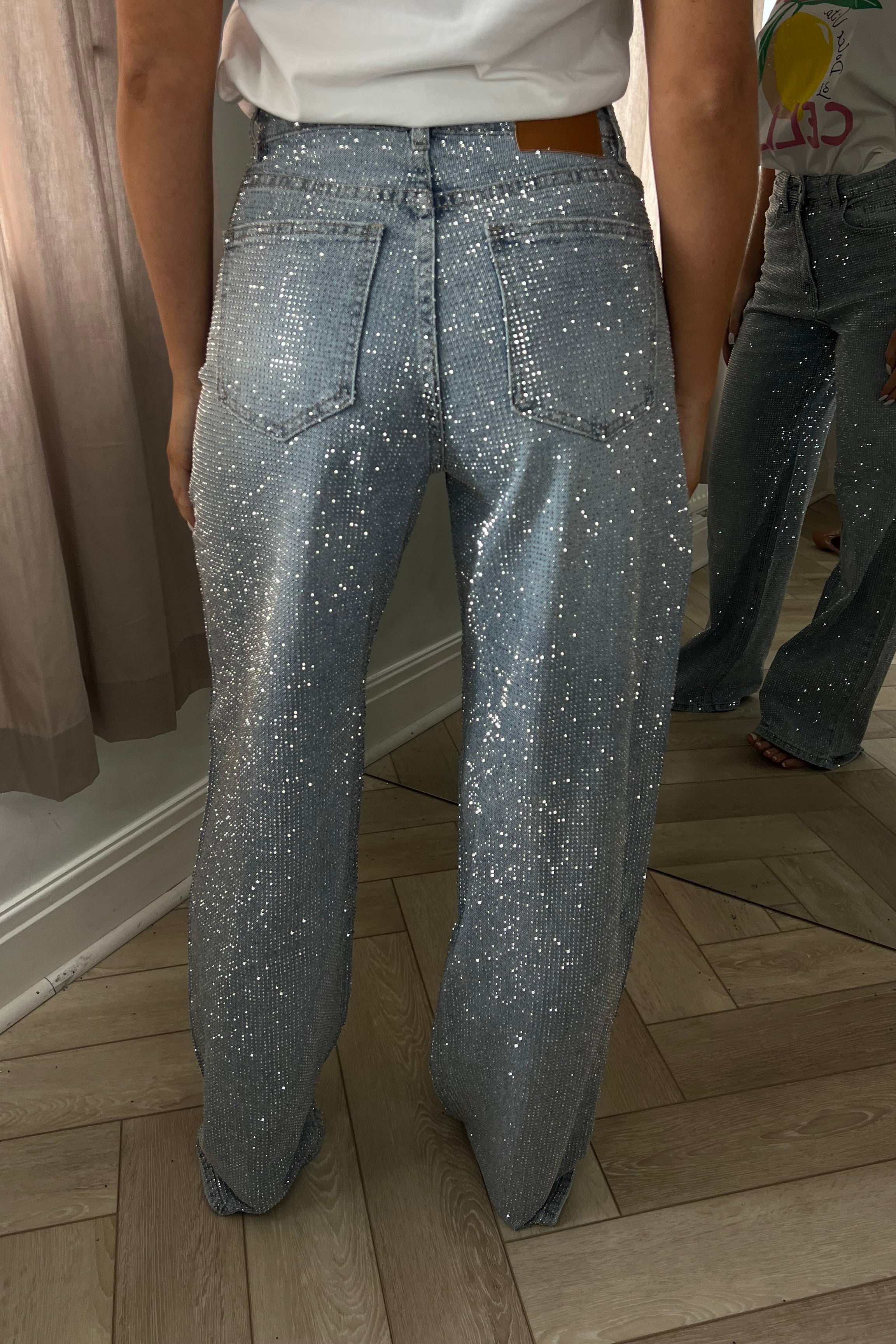 Women's Fashion Sparkling Rhinestone Washed Wide Leg Jeans