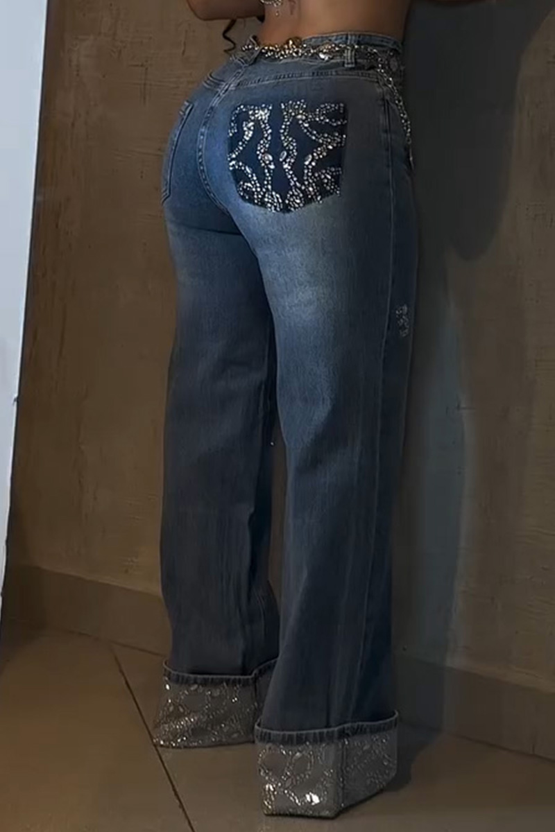 Women's Designer Rhinestone Hem Wide Leg Jeans