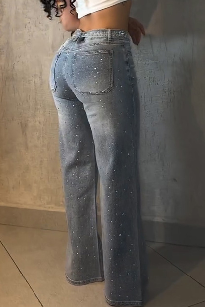 Women's Designer Rhinestone With Belt Wide Leg Jeans