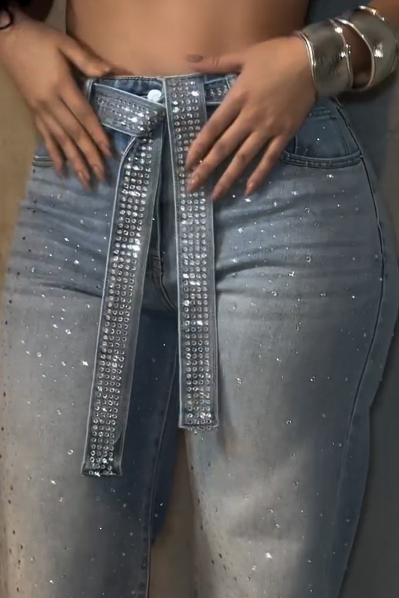 Women's Designer Rhinestone With Belt Wide Leg Jeans