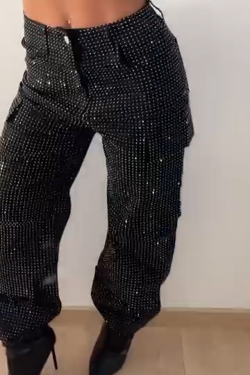 Women's Fashion Flap Pocket Rhinestone Jeans