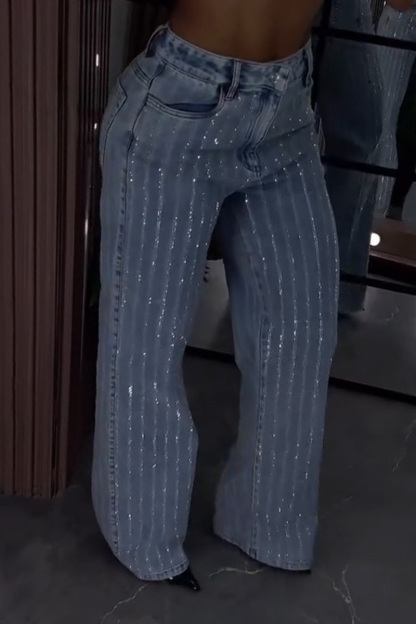 Women's Designer Line Rhinestone Wide Leg Jeans