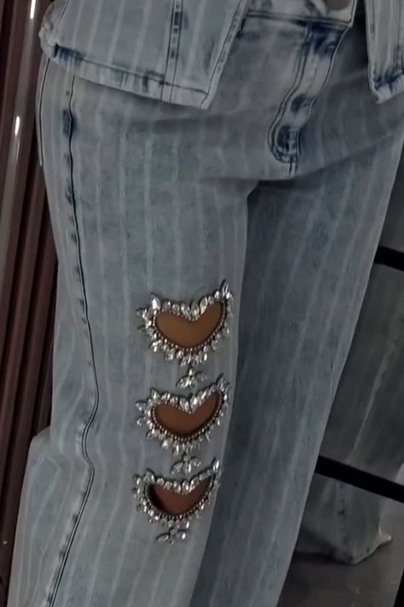 Women's Heart Rhinestone Vintage Washed Stripe Vest + Jeans