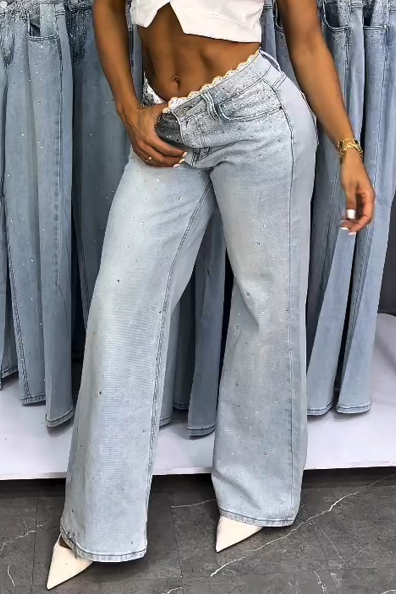 Women's Casual Lace Trim Rhinestone Jeans