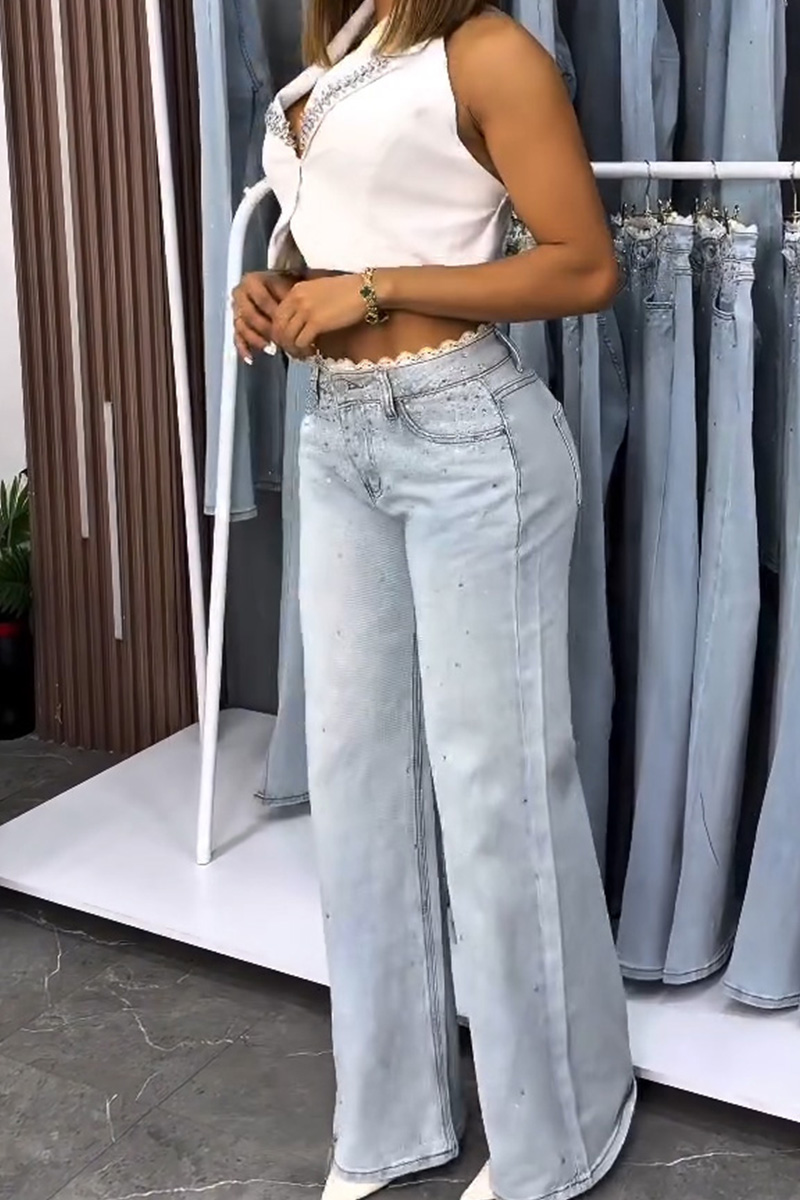 Women's Casual Lace Trim Rhinestone Jeans
