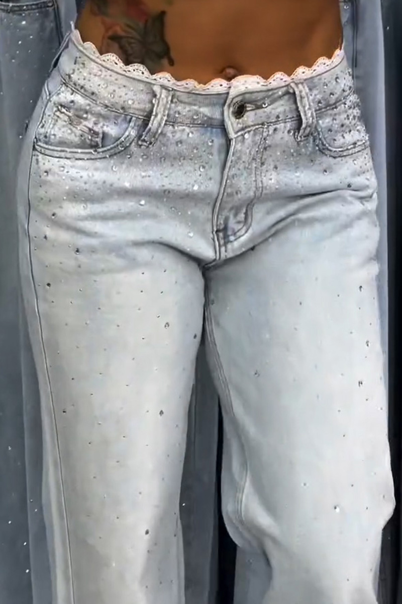 Women's Casual Lace Trim Rhinestone Jeans