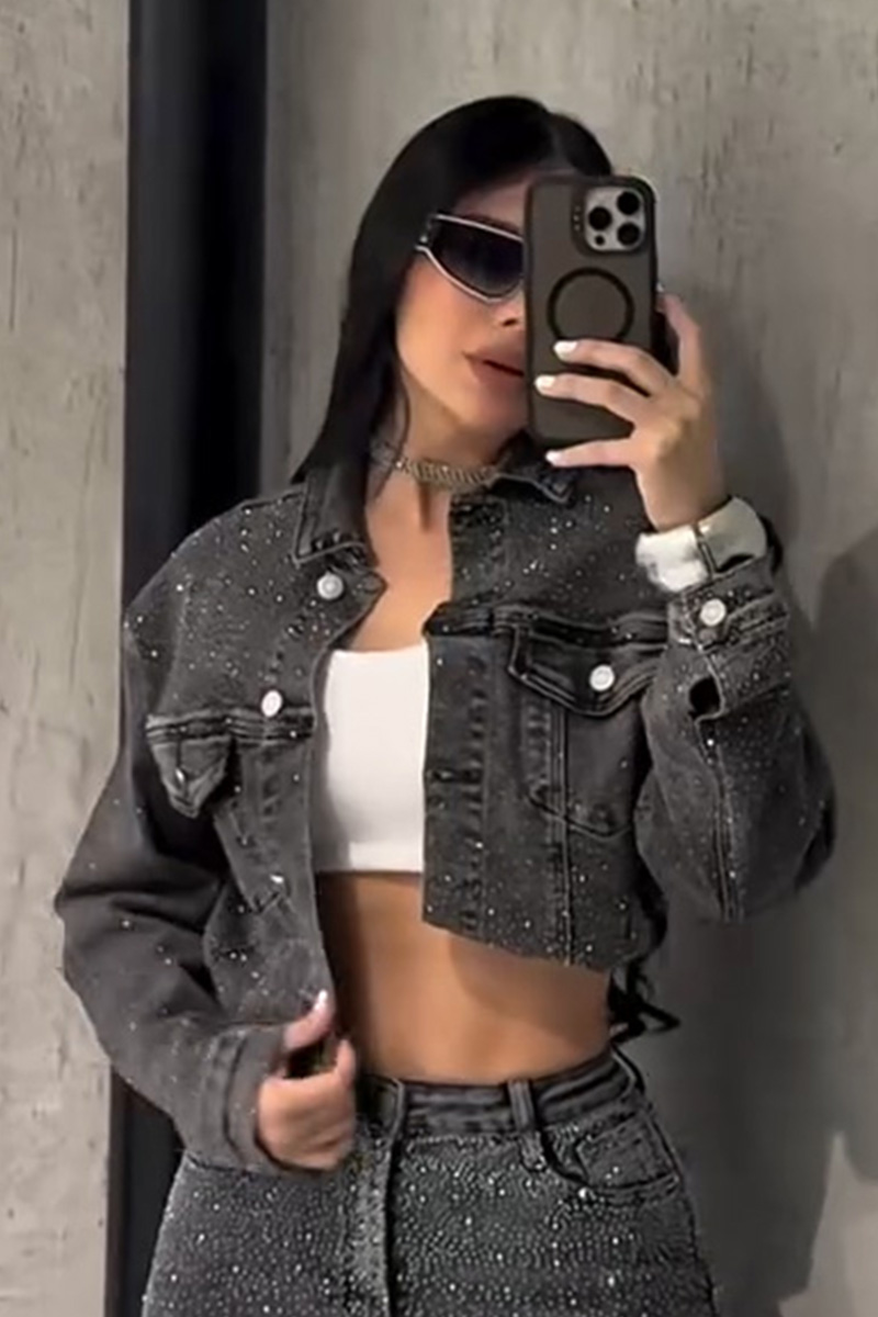 Women's Casual Distressed Washed Rhinestone Jacket + Straight Leg Jeans