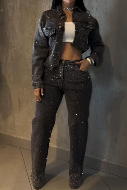 Women's Casual Distressed Washed Rhinestone Jacket + Straight Leg Jeans