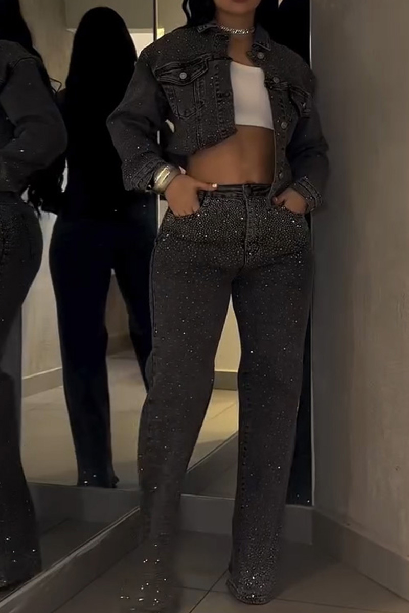 Women's Casual Distressed Washed Rhinestone Jacket + Straight Leg Jeans