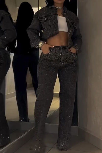 Women's Casual Distressed Washed Rhinestone Jacket + Straight Leg Jeans