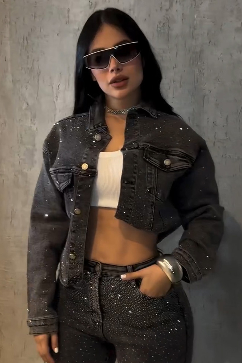 Women's Casual Distressed Washed Rhinestone Jacket + Straight Leg Jeans