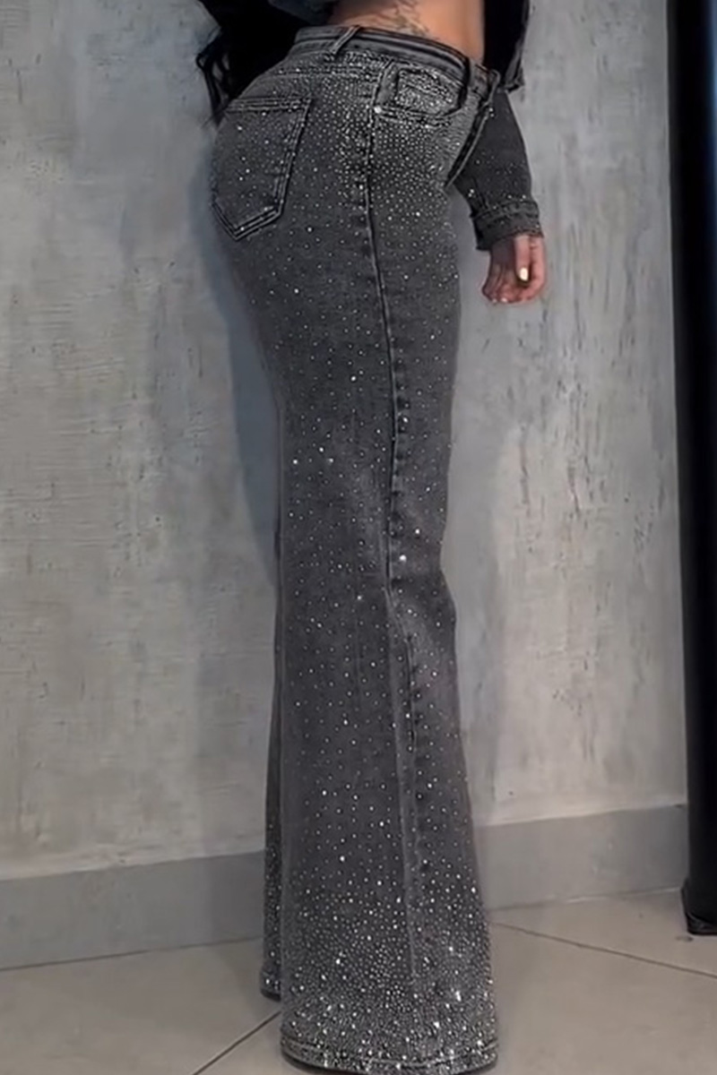 Women's Casual Distressed Washed Rhinestone Jacket + Straight Leg Jeans