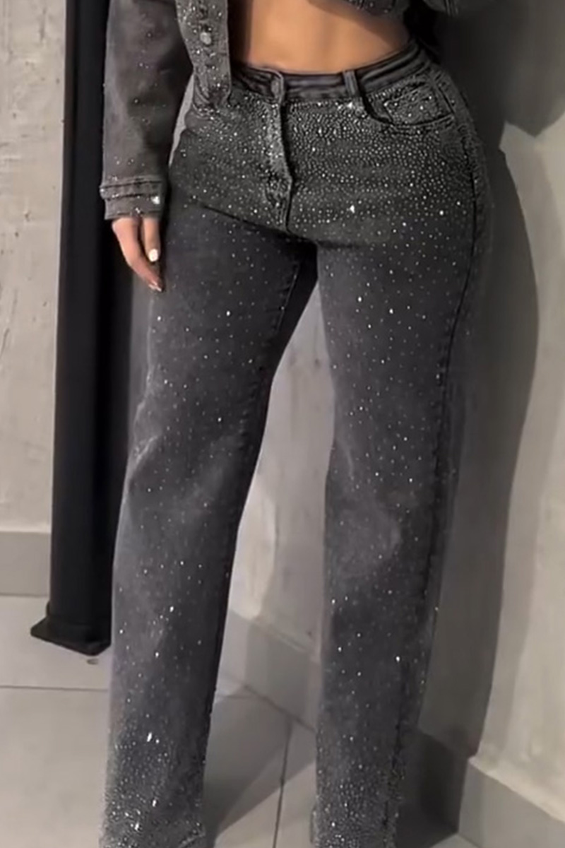 Women's Casual Distressed Washed Rhinestone Jacket + Straight Leg Jeans