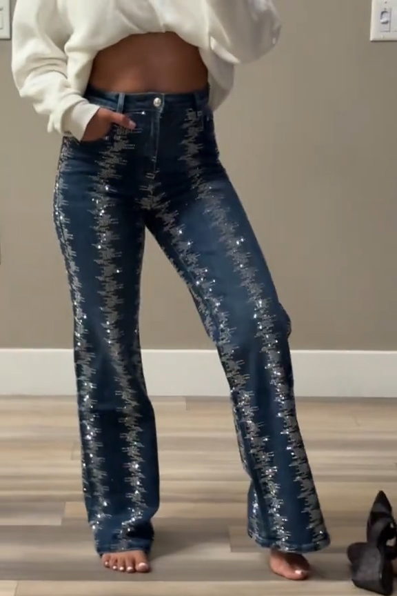 Women's Fashion Sparkling Linear Rhinestone Stretch Jeans