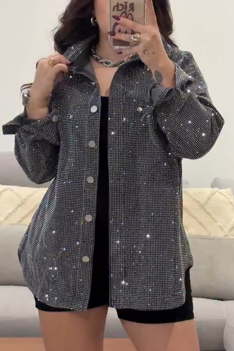 Women's Lapel Denim Jacket with Rhinestone Buttons