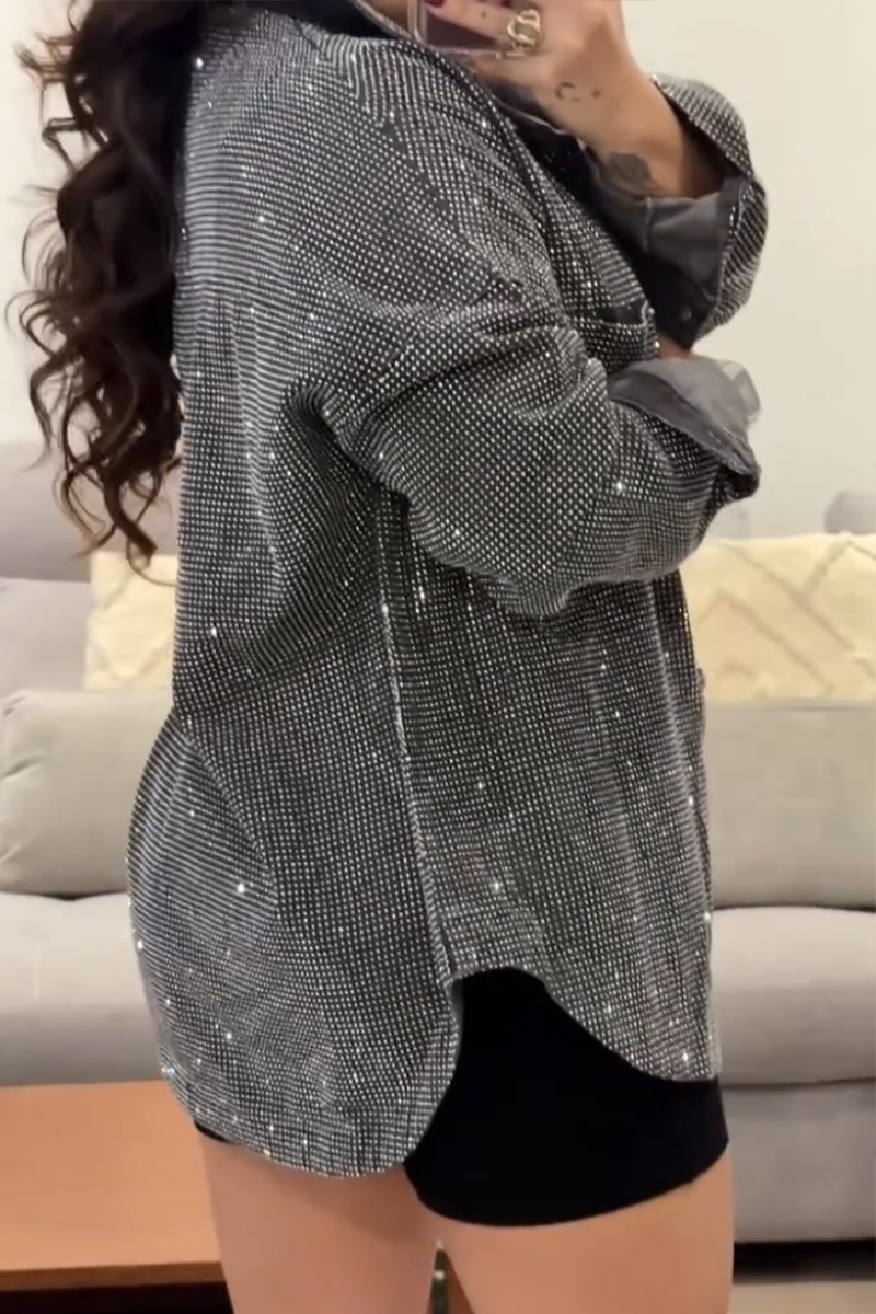 Women's Lapel Denim Jacket with Rhinestone Buttons