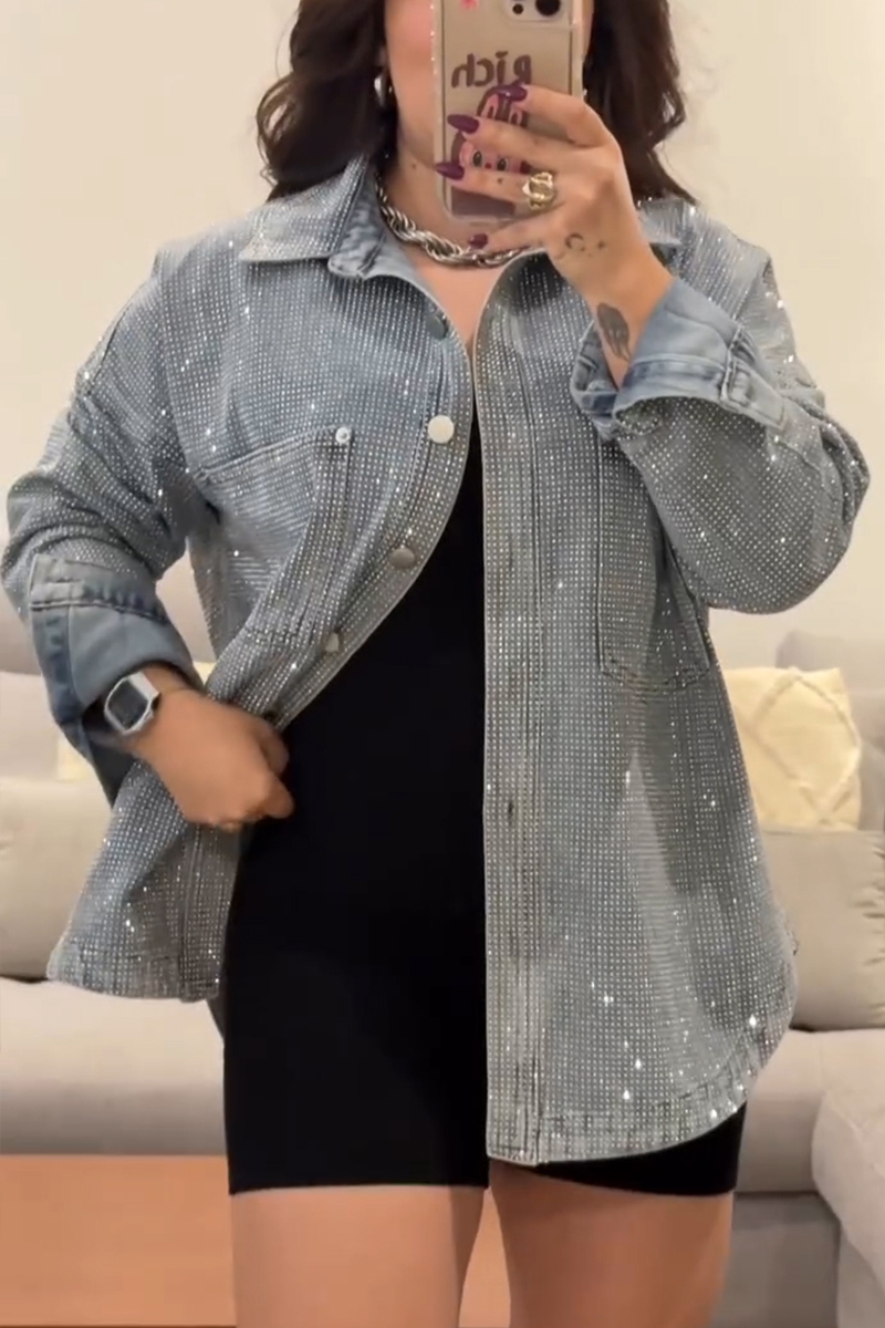 Women's Lapel Denim Jacket with Rhinestone Buttons