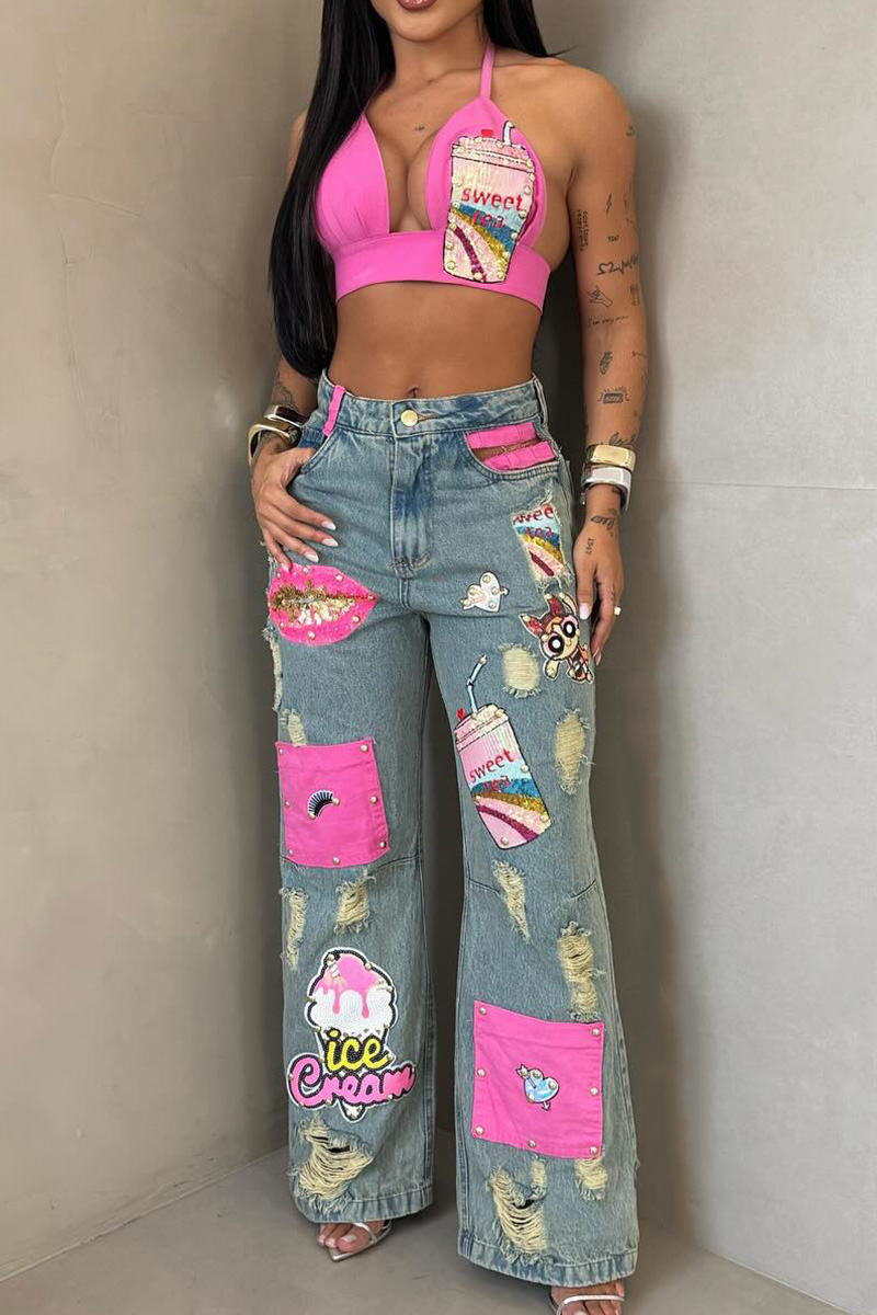 Women's Casual Cartoon Sequin Patch Washed Jeans