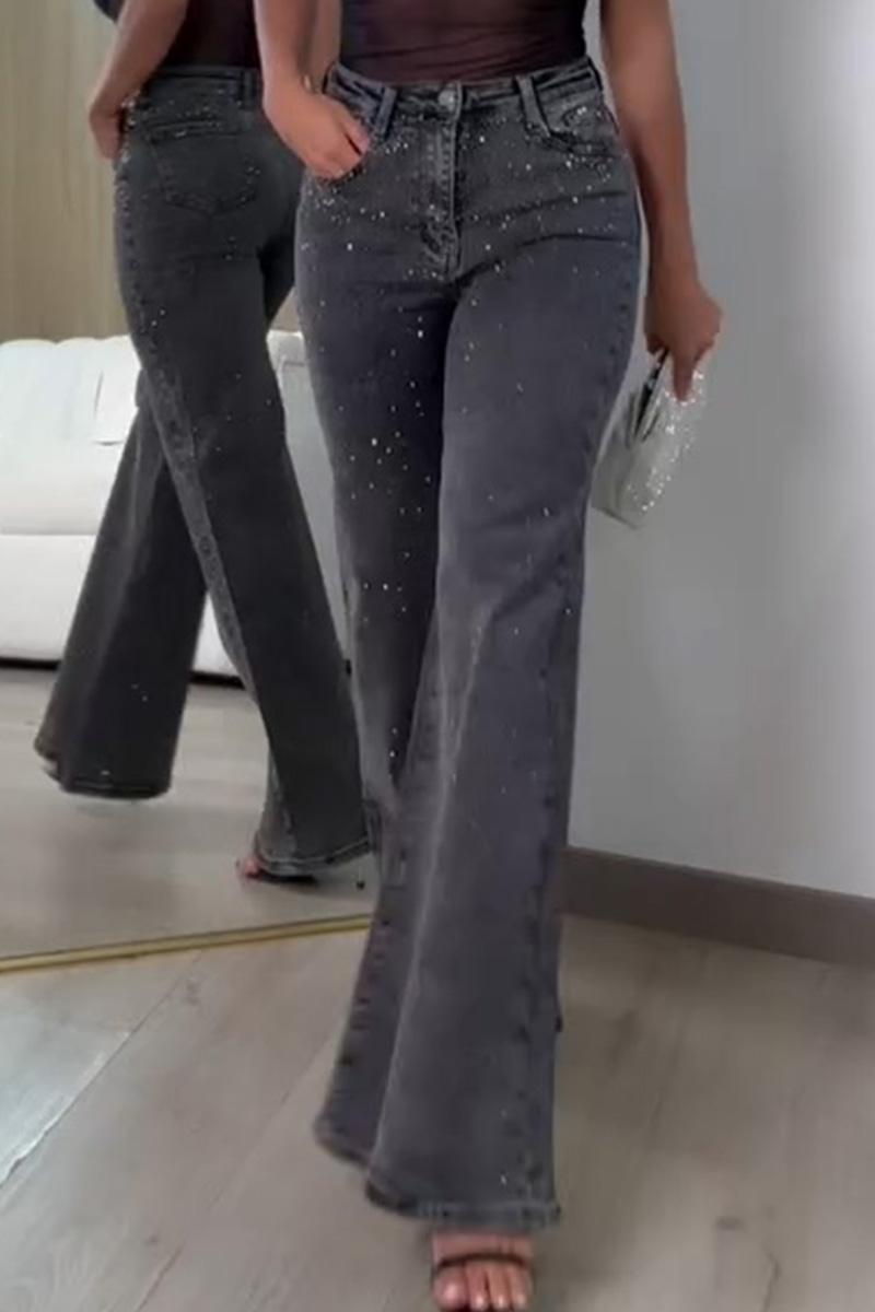 Women's Elegant Rhinestone Stretch Wide Leg Jeans