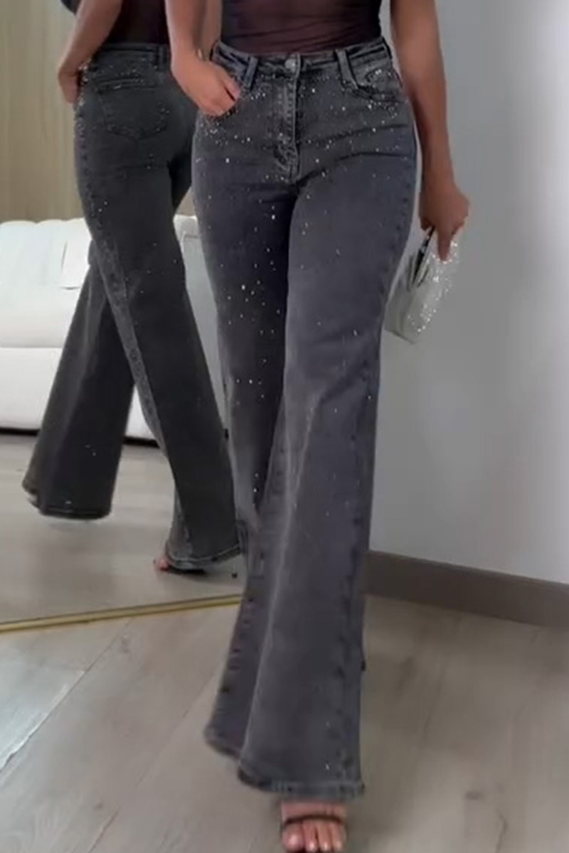 Women's Elegant Rhinestone Stretch Wide Leg Jeans