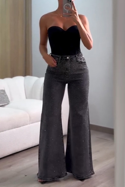 Women's Elegant Rhinestone Stretch Wide Leg Jeans