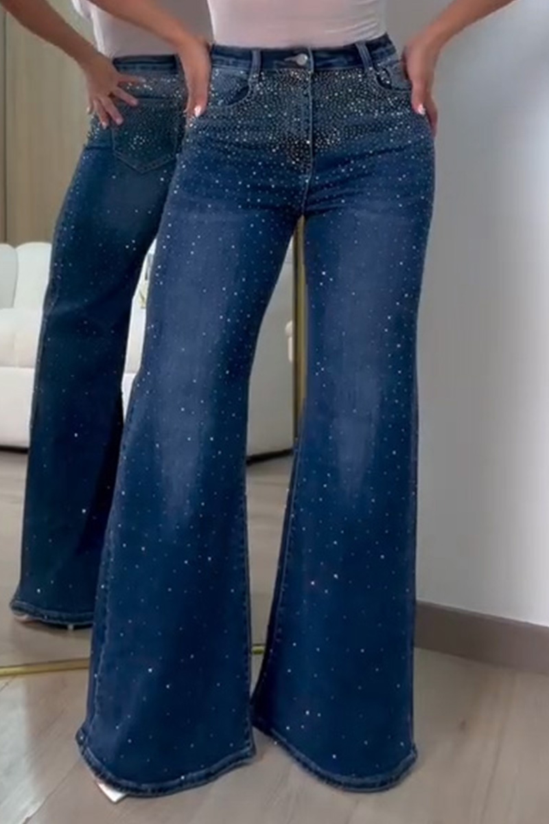 Women's Elegant Rhinestone Stretch Wide Leg Jeans