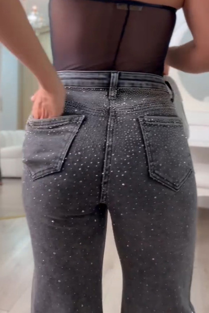 Women's Elegant Rhinestone Stretch Wide Leg Jeans