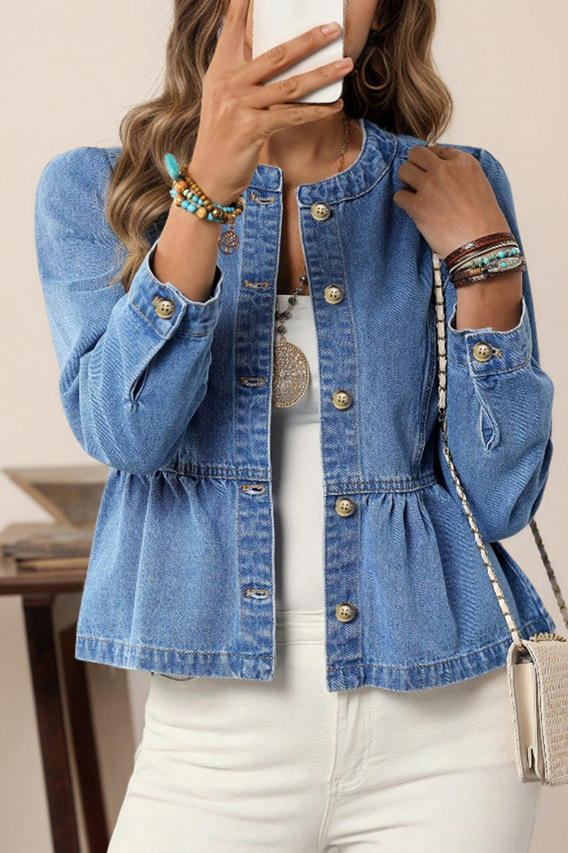 Women's Casual Versatile Pullover Round-Neck Puff-Sleeve Denim Shirt