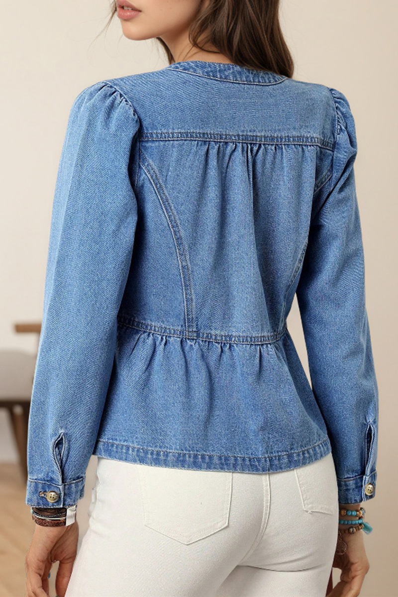 Women's Casual Versatile Pullover Round-Neck Puff-Sleeve Denim Shirt