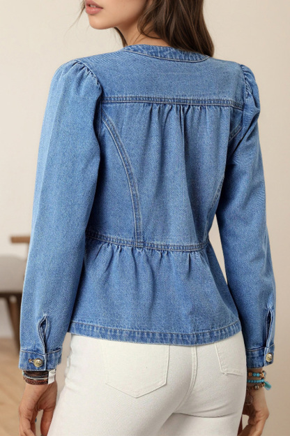 Women's Casual Versatile Pullover Round-Neck Puff-Sleeve Denim Shirt
