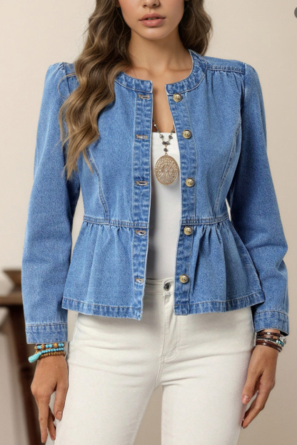 Women's Casual Versatile Pullover Round-Neck Puff-Sleeve Denim Shirt