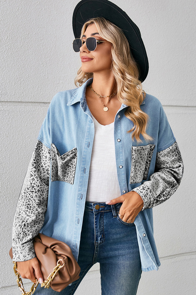Women's Loose Leopard Print Denim Shirt
