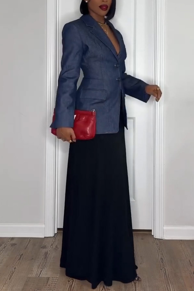 Women's Classic Turned Collar Waist Cinching Denim Blazer