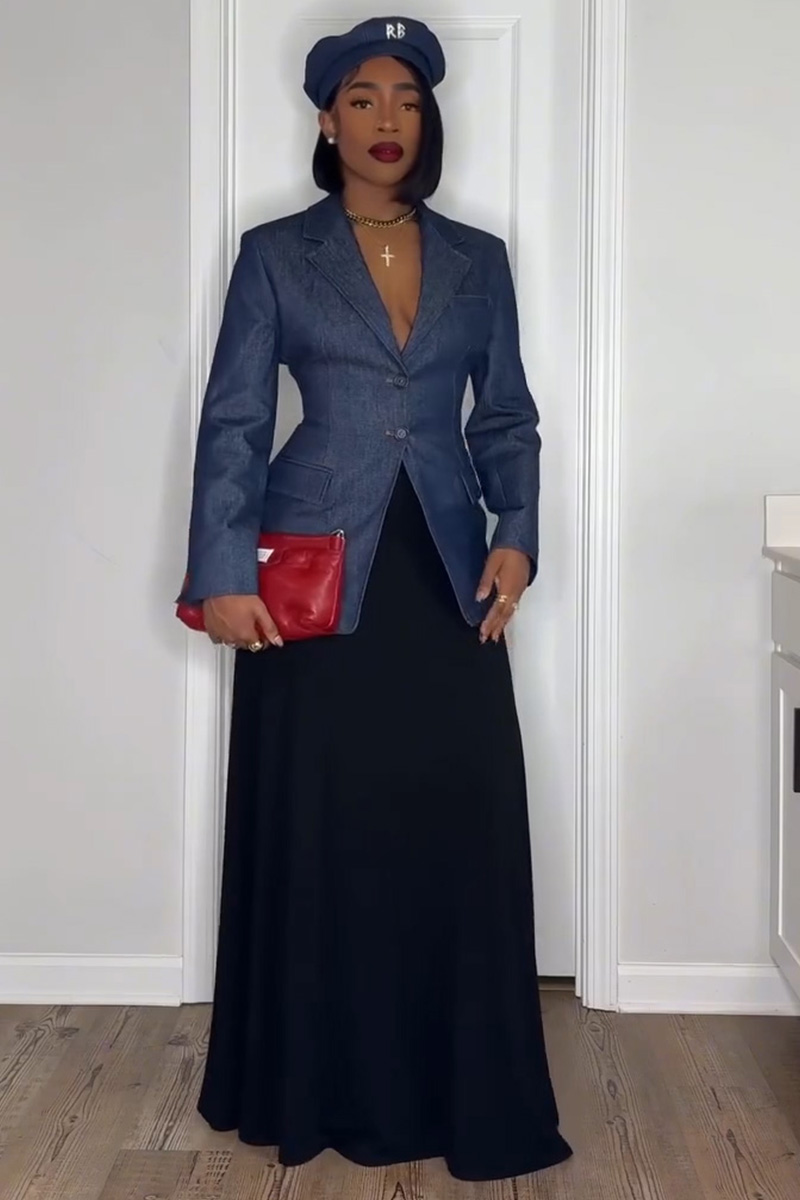 Women's Classic Turned Collar Waist Cinching Denim Blazer