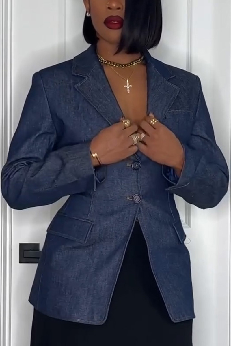 Women's Classic Turned Collar Waist Cinching Denim Blazer
