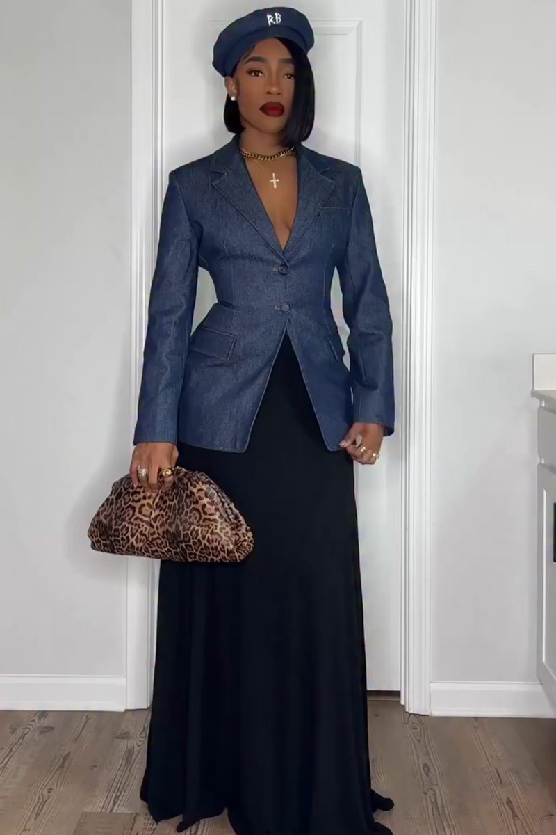 Women's Classic Turned Collar Waist Cinching Denim Blazer