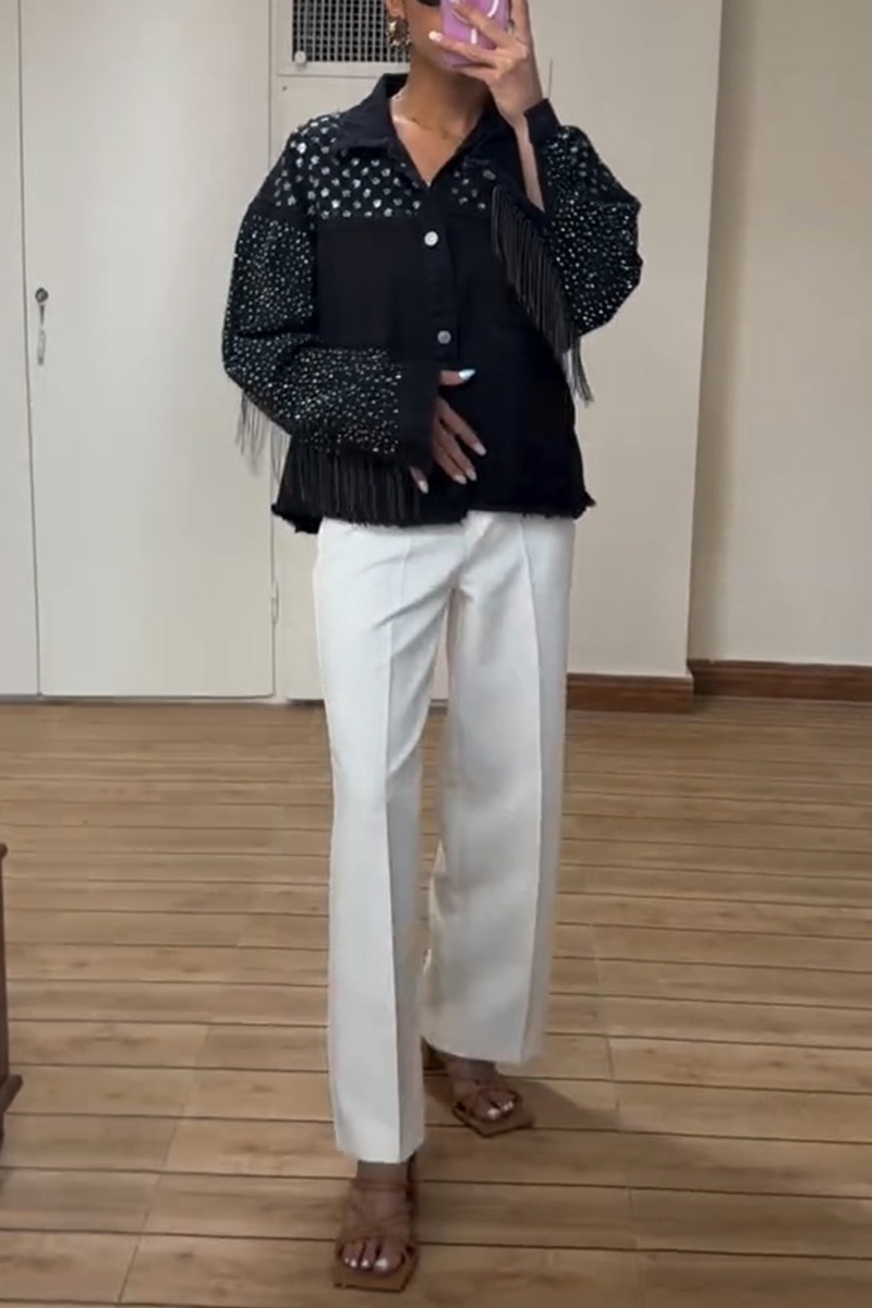 Women's Fashion Rhinestone Fringe Denim Jacket