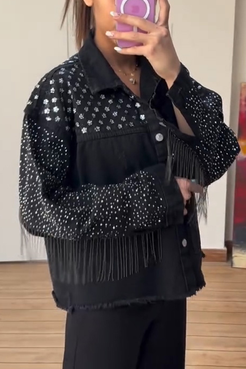 Women's Fashion Rhinestone Fringe Denim Jacket