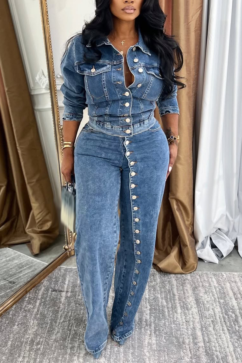 Women's Stylish Denim Suit with Multiple Buttons and A Lapel Collar