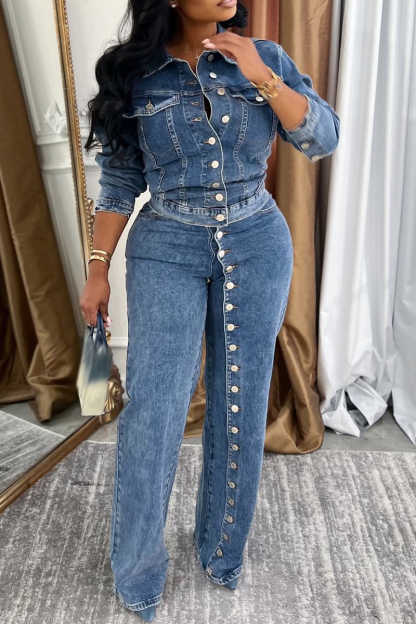 Women's Stylish Denim Suit with Multiple Buttons and A Lapel Collar
