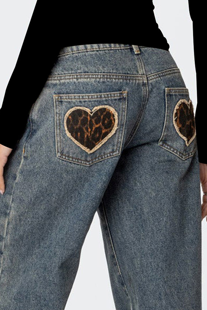 Women's Heart-themed leopard pattern Low-Rise Jeans