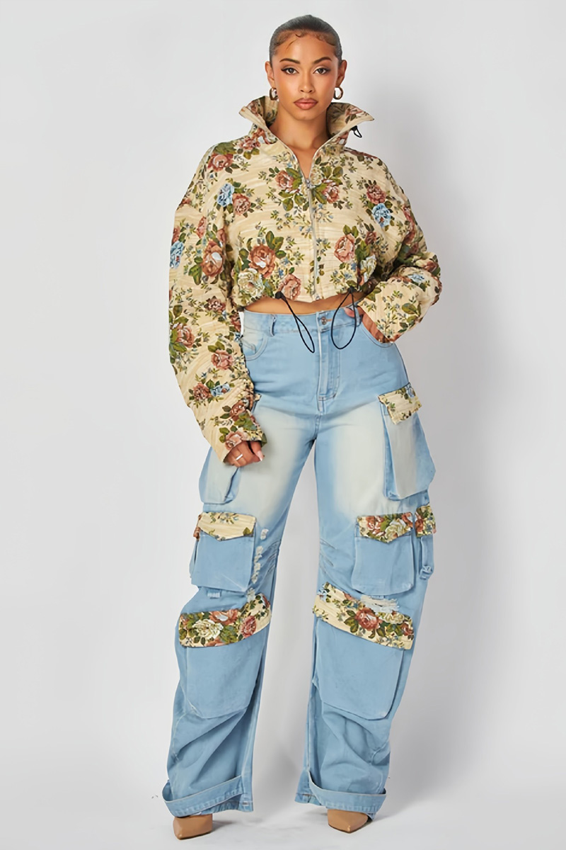 Women's Floral Embroidered Denim Cargo Jeans